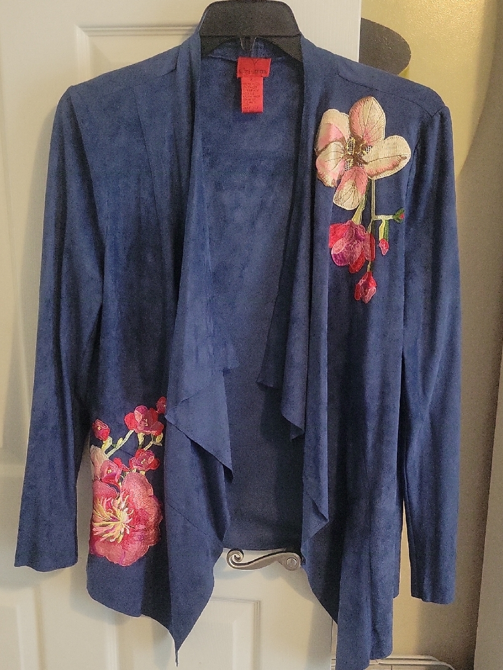 V Cristina SzXL Blue Shrug Front Embroidered Floral feels like Suede